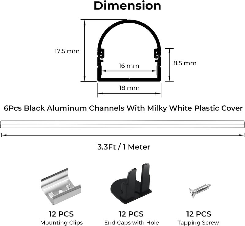 VST 6Pack 3.3FT/1M Excellent Spotless LED Channel System with Milky White Cover Black Aluminum U Shape LED Channel for LED Strip Lights - Image 3